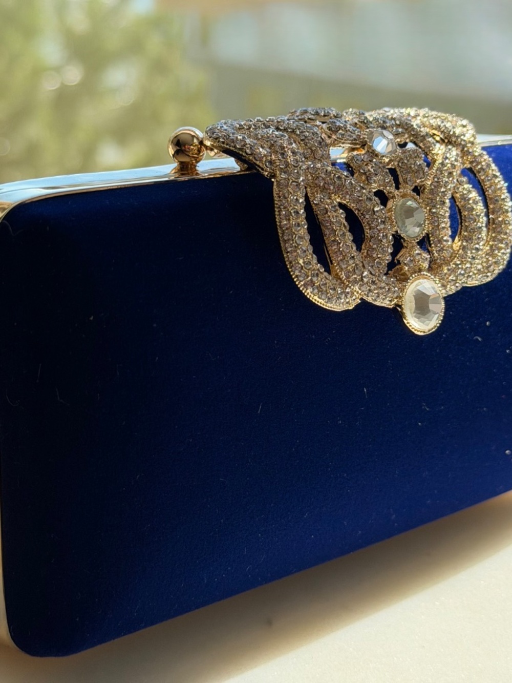 FAWZIYA Luxury Royal Blue Velvet Crystal Clutch Bag - Open Box